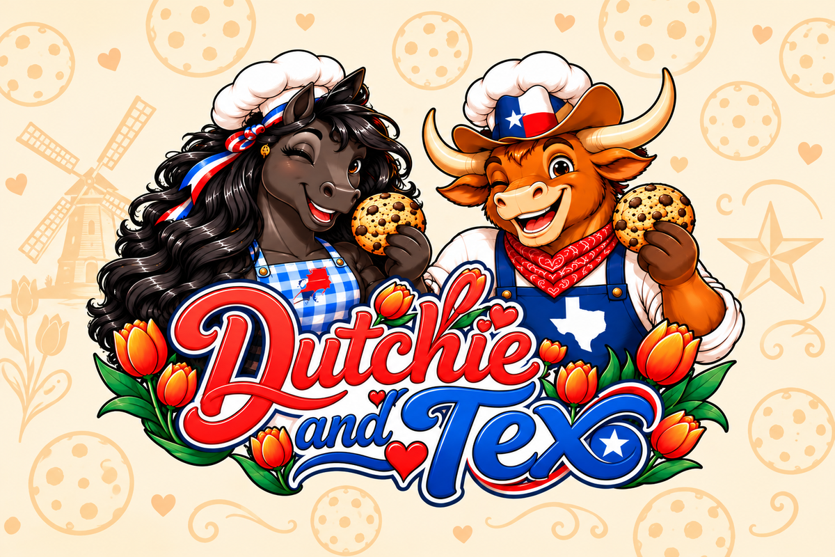 Dutchie and Tex mascot logo with Friesian horse and Texas longhorn